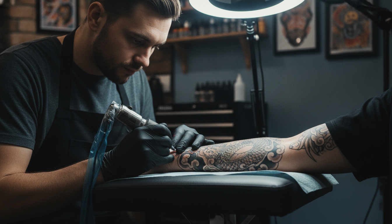 Tatuador trabajando mientras Responz agenda citas y responde consultas por WhatsApp